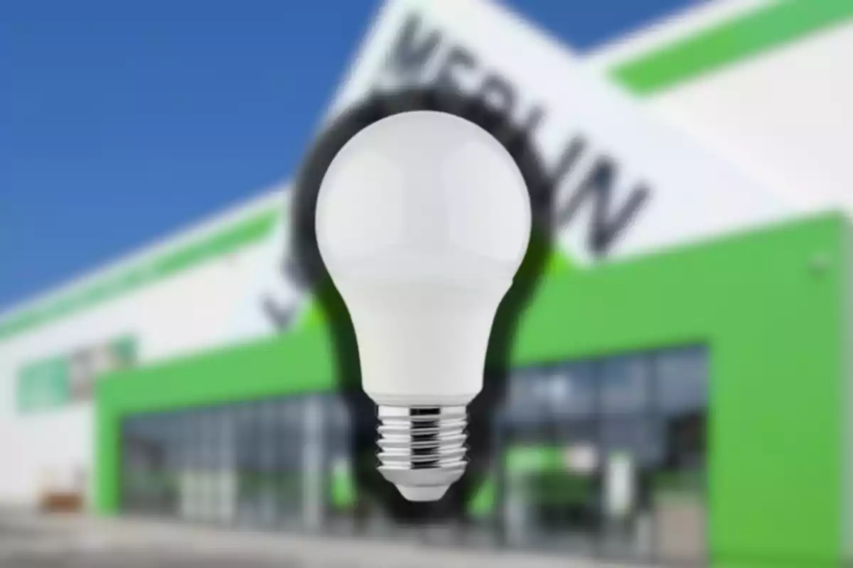 Foc LED blanc davant d’una botiga amb façana verda i blanca desenfocada Foc LED blanc davant d’una botiga amb façana verda i blanca desenfocada