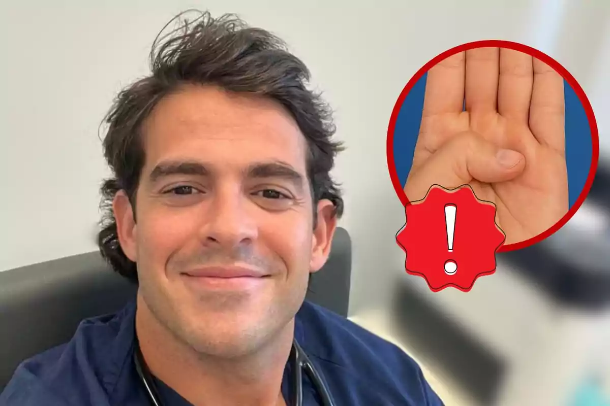 Aurelio Rojas smiling in a blue coat with a stethoscope, next to a circle showing a hand folding the thumb toward the palm with a red warning symbol