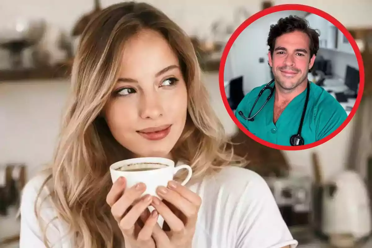 Dona sostenint una tassa de cafè mentre somriu i a la cantonada superior dreta apareix la imatge d’Aurelio Rojas amb bata mèdica i estetoscopi emmarcat en un cercle vermell