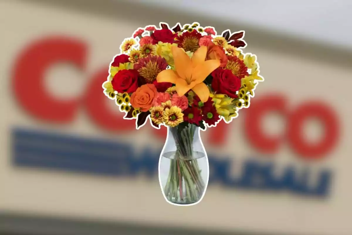 Bouquet of colorful flowers in a vase with a blurred background of a Costco store Bouquet of colorful flowers in a vase with a blurred background of a Costco store
