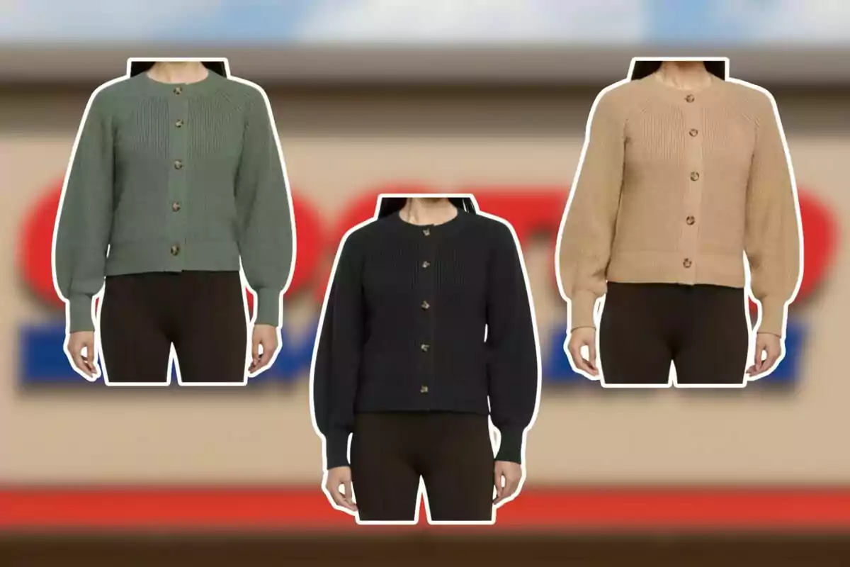 Three button-up knit sweater styles in green, black, and beige on a blurred background Three button-up knit sweater styles in green, black, and beige on a blurred background