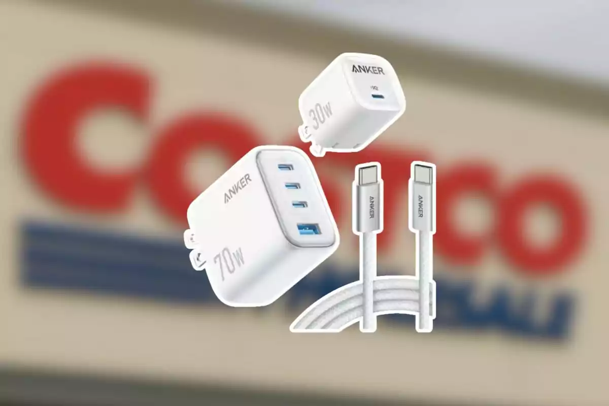 Anker chargers and cables on a blurred background of the Costco store