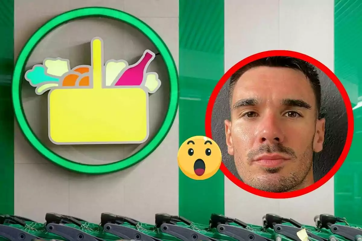 Logotip de supermercat amb un carro de la compra i la foto d’un home emmarcada en un cercle vermell al costat d’un emoji de sorpresa Logotip de supermercat amb un carro de la compra i la foto d’un home emmarcada en un cercle vermell al costat d’un emoji de sorpresa