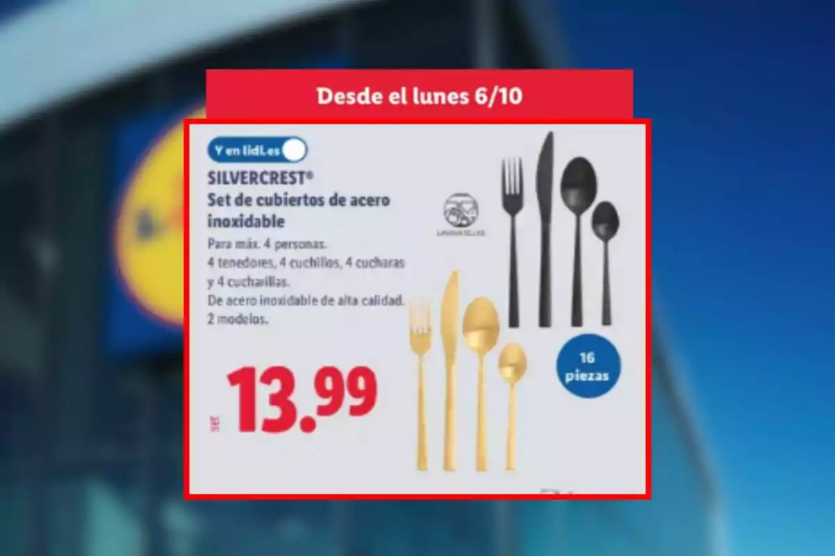 Promoción de un set de cubiertos de acero inoxidable Silvercrest de Lidl de 16 piezas en color negro y dorado disponible desde el lunes 6 de octubre por 13.99 euros.