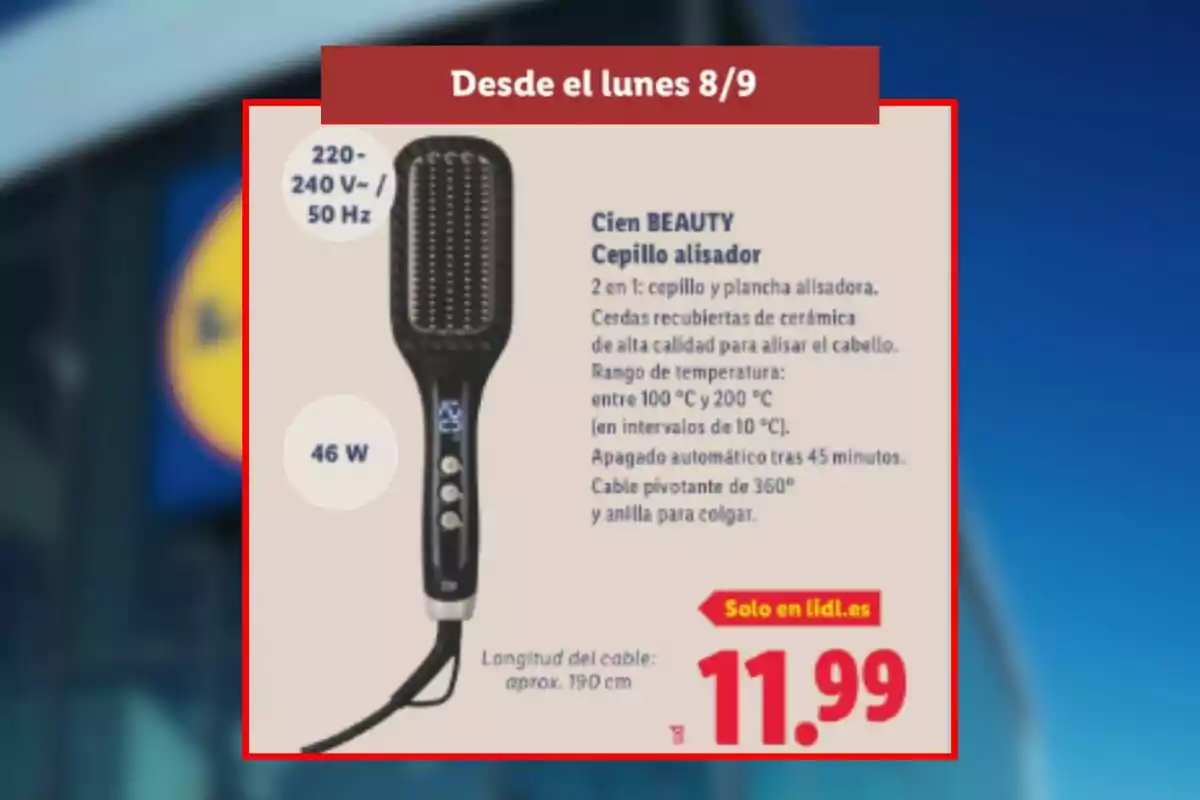 Raspall allisador elèctric Cien Beauty de 46 W amb truges de ceràmica, pantalla digital i cable giratori, en oferta per 11,99 euros a Lidl a partir de dilluns, 8 de setembre.