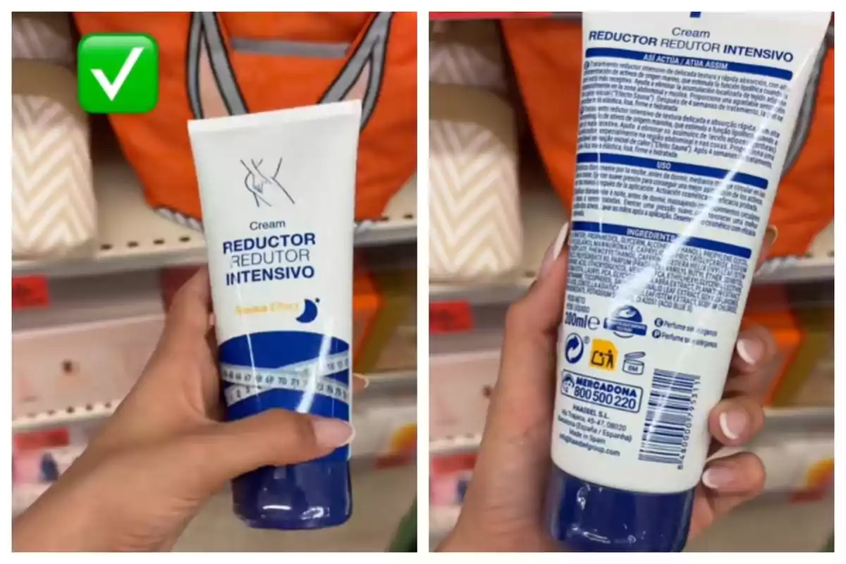 Persona sostenint un tub de crema reductora intensiva amb efecte sauna en una botiga, mostrant el davant i el darrere de l'envàs. Persona sostenint un tub de crema reductora intensiva amb efecte sauna en una botiga, mostrant el davant i el darrere de l'envàs.