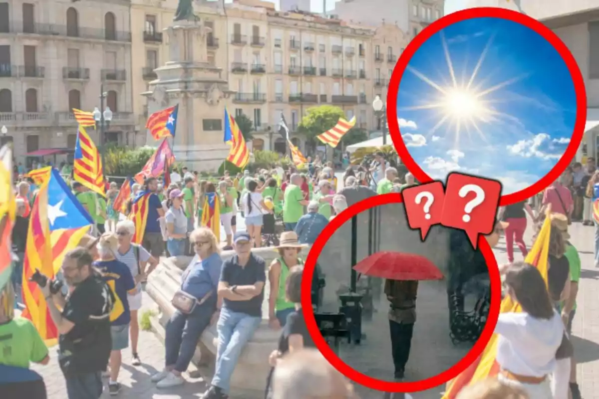 Manifestación en una plaza con banderas catalanas y dos círculos que muestran un sol brillante y una persona con paraguas bajo la lluvia. Manifestación en una plaza con banderas catalanas y dos círculos que muestran un sol brillante y una persona con paraguas bajo la lluvia.