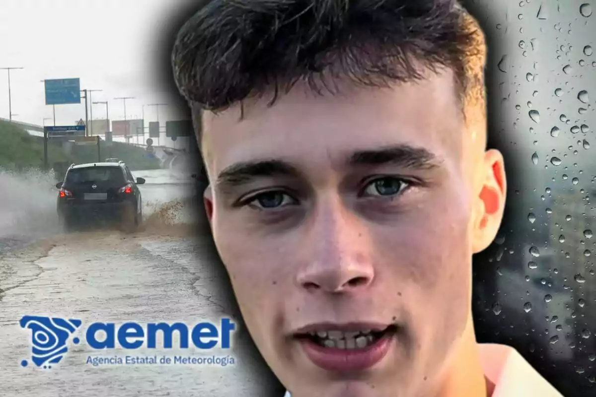 Montaje de fotos con Jorge Rey en primer plano con fondo de carretera inundada, gotas de lluvia en un cristal y el logo de la Agencia Estatal de Meteorología. Montaje de fotos con Jorge Rey en primer plano con fondo de carretera inundada, gotas de lluvia en un cristal y el logo de la Agencia Estatal de Meteorología.