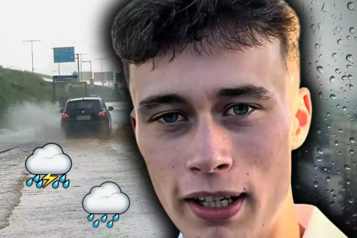 Montaje de fotos con Jorge Rey en primer plano con fondo de carretera mojada, un auto salpicando agua y emojis de nubes con lluvia. Montaje de fotos con Jorge Rey en primer plano con fondo de carretera mojada, un auto salpicando agua y emojis de nubes con lluvia.