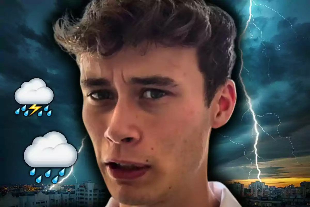 Jorge Rey amb expressió seriosa davant d’un fons de tempesta amb llamps, núvols foscos i emojis de pluja. Jorge Rey amb expressió seriosa davant d’un fons de tempesta amb llamps, núvols foscos i emojis de pluja.