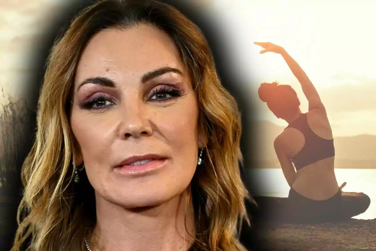 Mar Flores amb expressió seriosa en primer pla al costat de la silueta d’una persona fent ioga a l’aire lliure al capvespre. Mar Flores amb expressió seriosa en primer pla al costat de la silueta d’una persona fent ioga a l’aire lliure al capvespre.