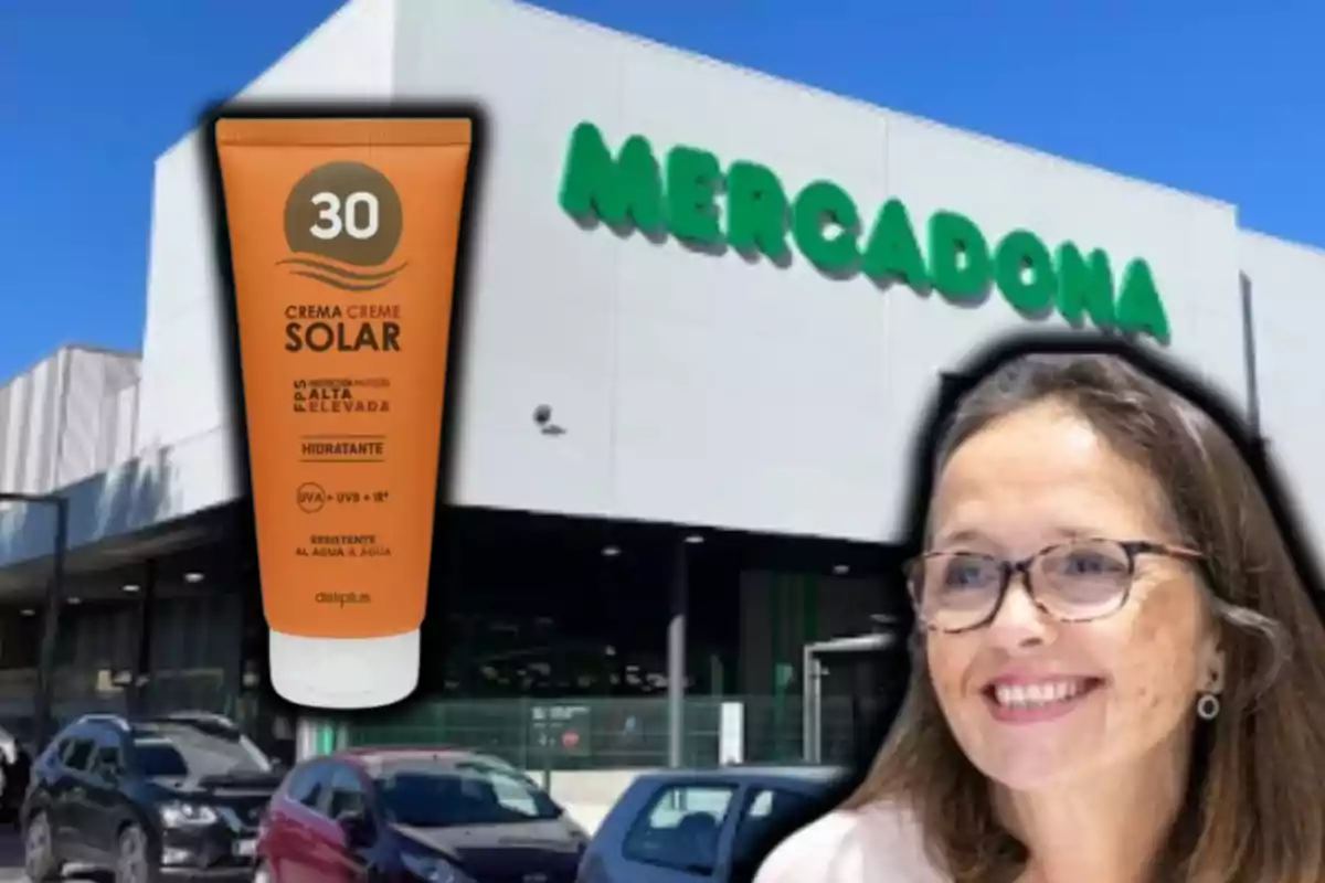 Una crema solar Deliplus con factor 30 aparece sobre la fachada de un supermercado Mercadona junto a una mujer sonriente con gafas Una crema solar Deliplus con factor 30 aparece sobre la fachada de un supermercado Mercadona junto a una mujer sonriente con gafas