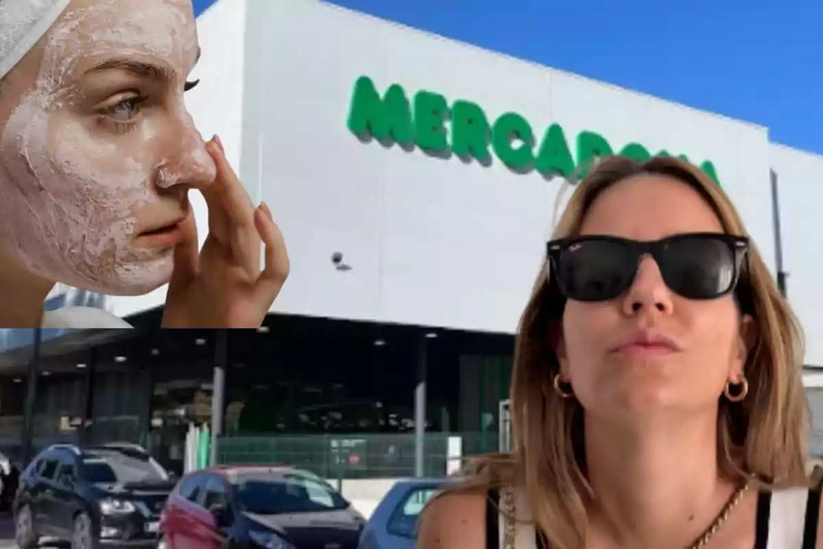 Una mujer con gafas de sol frente a un supermercado Mercadona y en la esquina una imagen de una persona aplicándose una mascarilla facial Una mujer con gafas de sol frente a un supermercado Mercadona y en la esquina una imagen de una persona aplicándose una mascarilla facial
