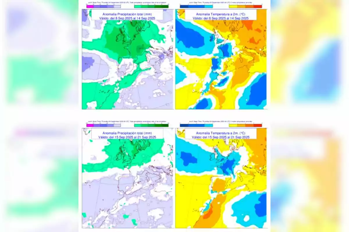 Quatre mapes meteorològics mostren anomalies de precipitació i temperatura a Europa per a dos períodes de setembre de 2025. Quatre mapes meteorològics mostren anomalies de precipitació i temperatura a Europa per a dos períodes de setembre de 2025.