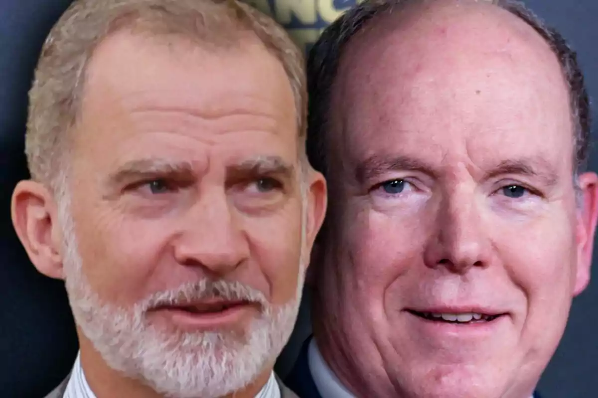 Montaje de fotos de primer plano del rey Felip VI y Alberto de Mónaco, ambos con expresión seria.