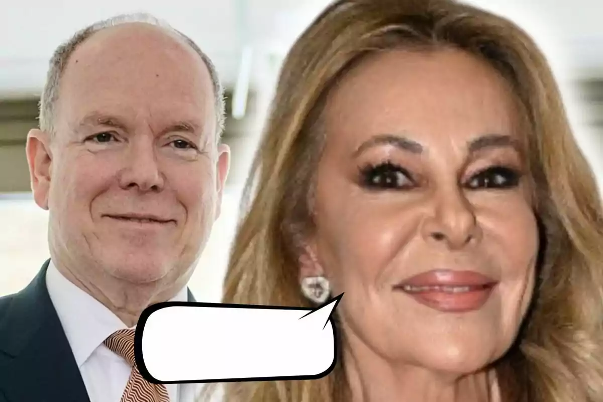 Muntatge de fotos en primer pla d’Albert de Mònaco i Ana Obregón amb un globus de diàleg buit davant d’ella. Muntatge de fotos en primer pla d’Albert de Mònaco i Ana Obregón amb un globus de diàleg buit davant d’ella.