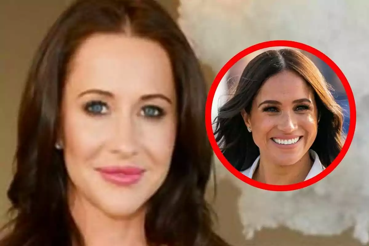 Dona de cabell fosc amb llavis rosats i ulls blaus en primer pla, que és Jessica Mulroney, amb un requadre circular vermell que mostra una altra dona de cabell fosc somrient, que és Meghan Markle.