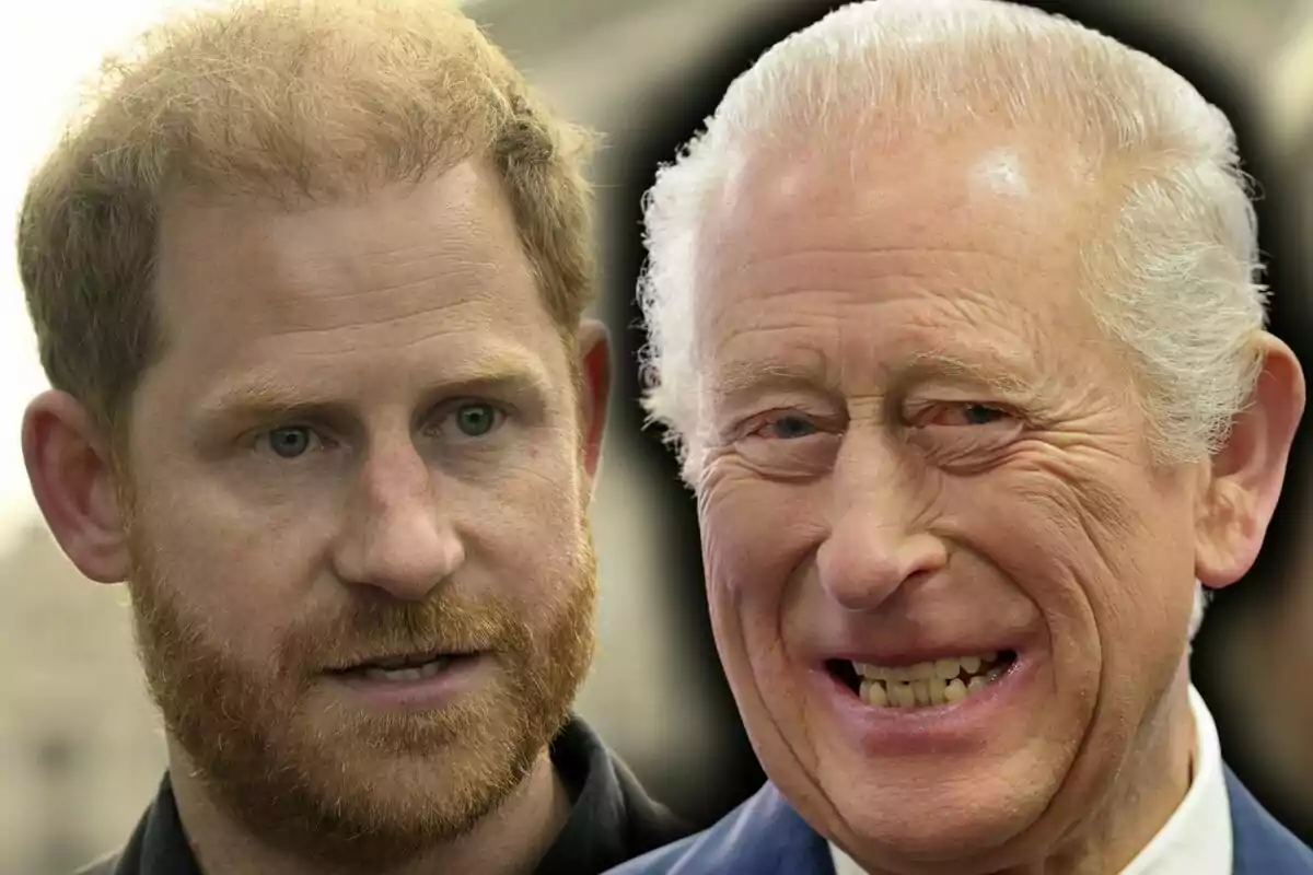 Dos homes de diferents edats apareixen en primer pla, un amb barba pèl-roja i l’altre amb cabells canosos, tots dos mirant cap endavant; són el príncep Harry i el rei Carles III.