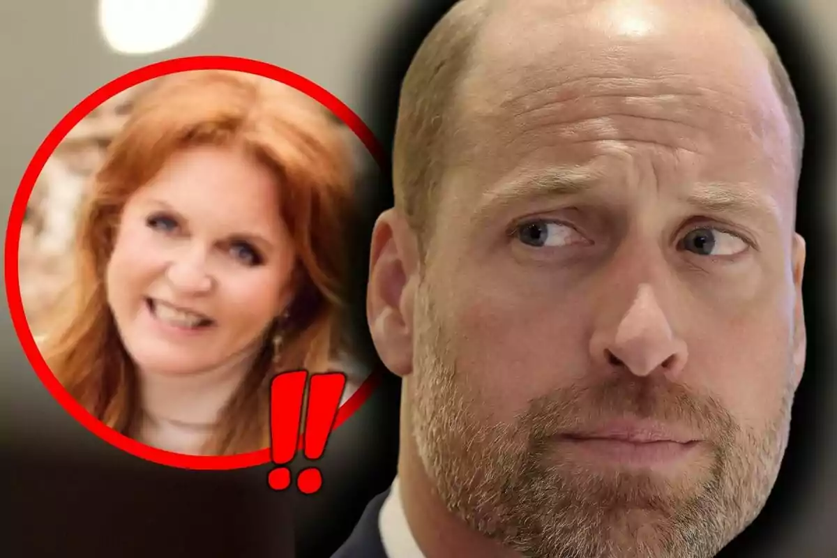 Primer pla del príncep Guillem amb expressió seriosa mirant cap a un cercle vermell que conté la imatge d’una dona pèl-roja somrient, que és la Sarah Ferguson, i dos signes d’exclamació vermells entre ells. Primer pla del príncep Guillem amb expressió seriosa mirant cap a un cercle vermell que conté la imatge d’una dona pèl-roja somrient, que és la Sarah Ferguson, i dos signes d’exclamació vermells entre ells.