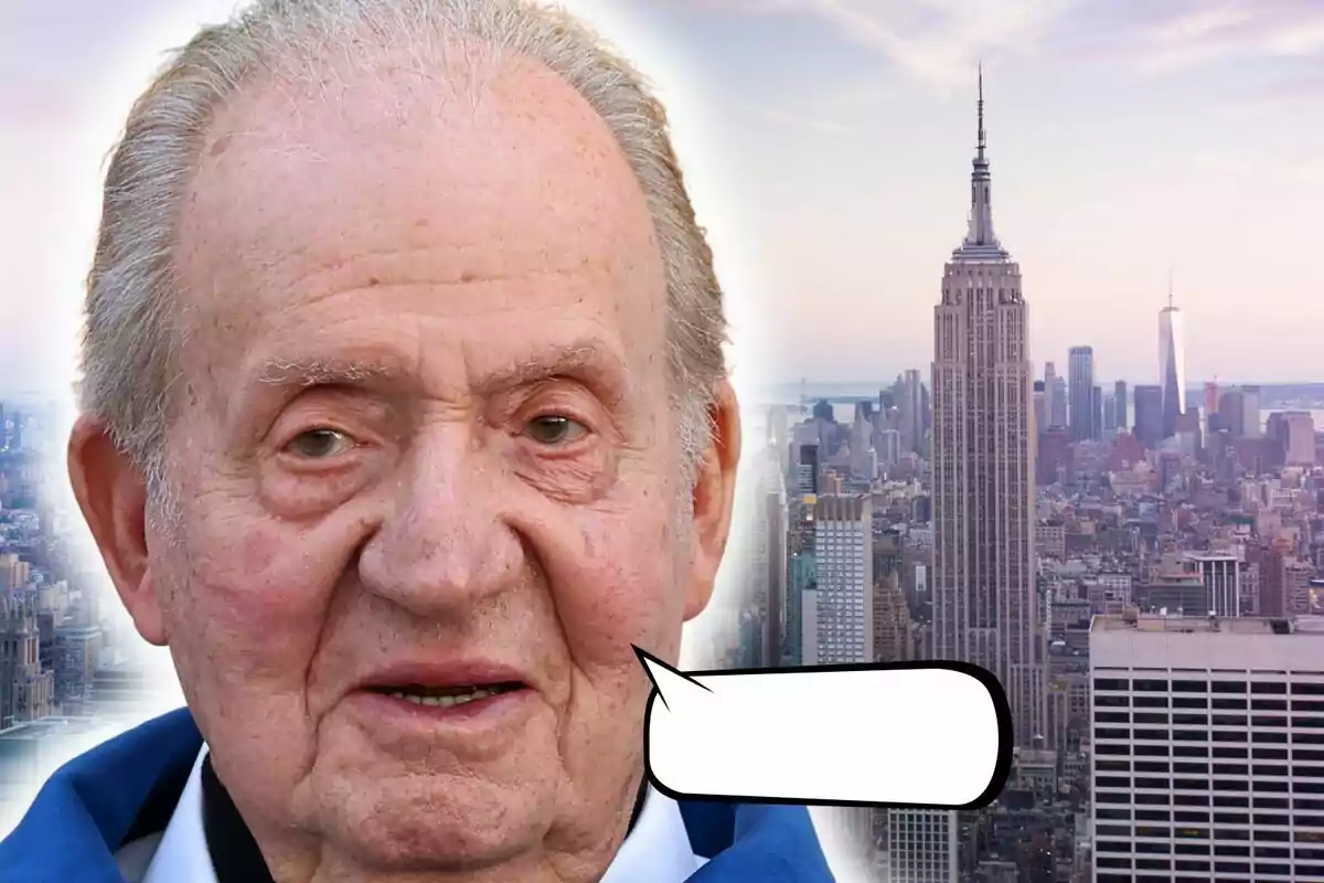 Muntatge de fotos amb Joan Carles I en primer pla amb una bafarada de diàleg buida i de fons la ciutat de Nova York amb l’Empire State Building destacat.