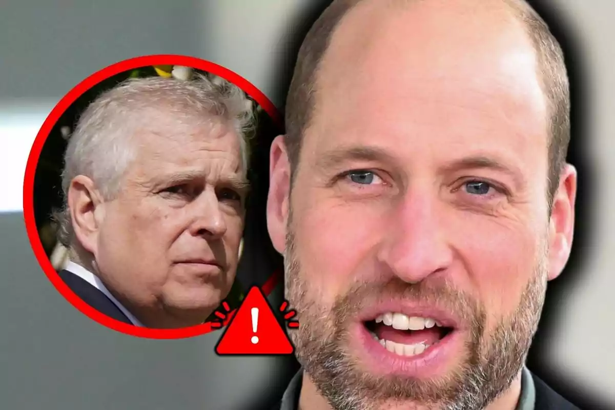 Primer pla del príncep Guillem, al fons apareix el rostre d’un altre home més gran dins d’un cercle vermell, que és Andreu de York, amb una icona d’advertència al costat.