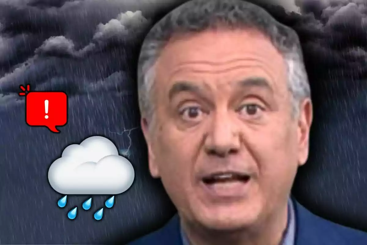 Montaje de fotos de Roberto Brasero con expresión seria frente a un fondo de tormenta con nubes oscuras, lluvia, un rayo y un ícono de advertencia junto a una nube con gotas de agua. Montaje de fotos de Roberto Brasero con expresión seria frente a un fondo de tormenta con nubes oscuras, lluvia, un rayo y un ícono de advertencia junto a una nube con gotas de agua.