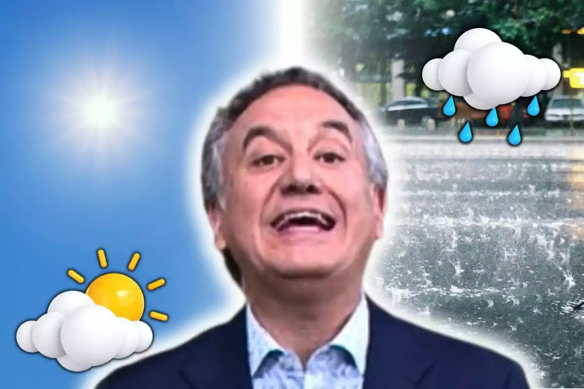 Montaje de fotos de Roberto Brasero con rostro neutro en el centro de la imagen, con un fondo dividido entre un día soleado y una escena de lluvia, acompañado de iconos de sol y nubes.