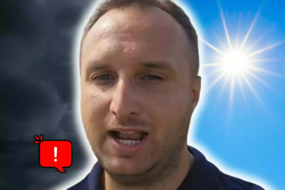 Samuel Biener en primer pla amb un fons dividit entre cel assolellat i núvols foscos, al costat d’una icona d’advertència vermella. Samuel Biener en primer pla amb un fons dividit entre cel assolellat i núvols foscos, al costat d’una icona d’advertència vermella.