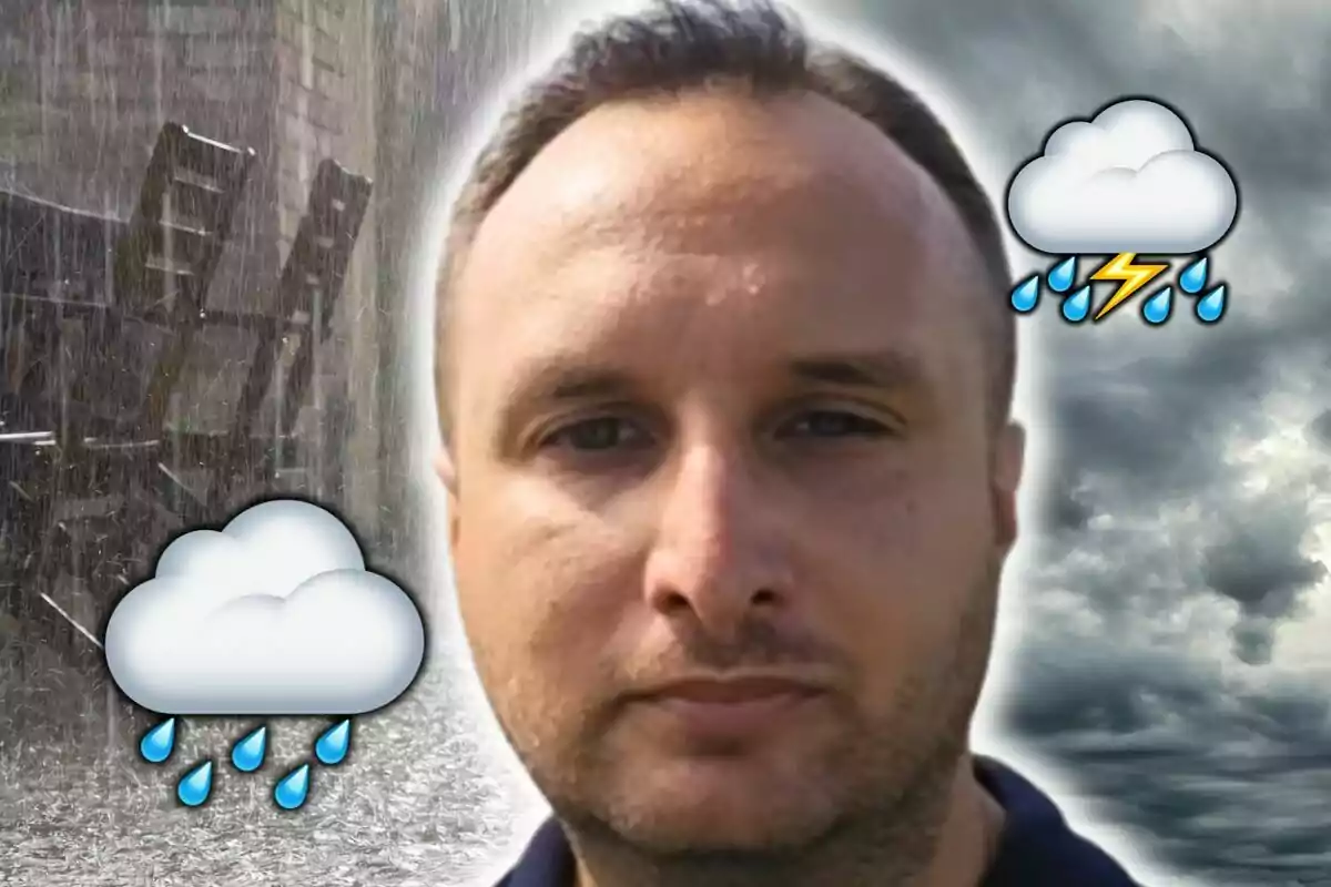 Samuel Biener amb expressió seriosa en primer pla amb un fons de pluja intensa, núvols foscos i dos emojis de núvol amb pluja i tempesta.