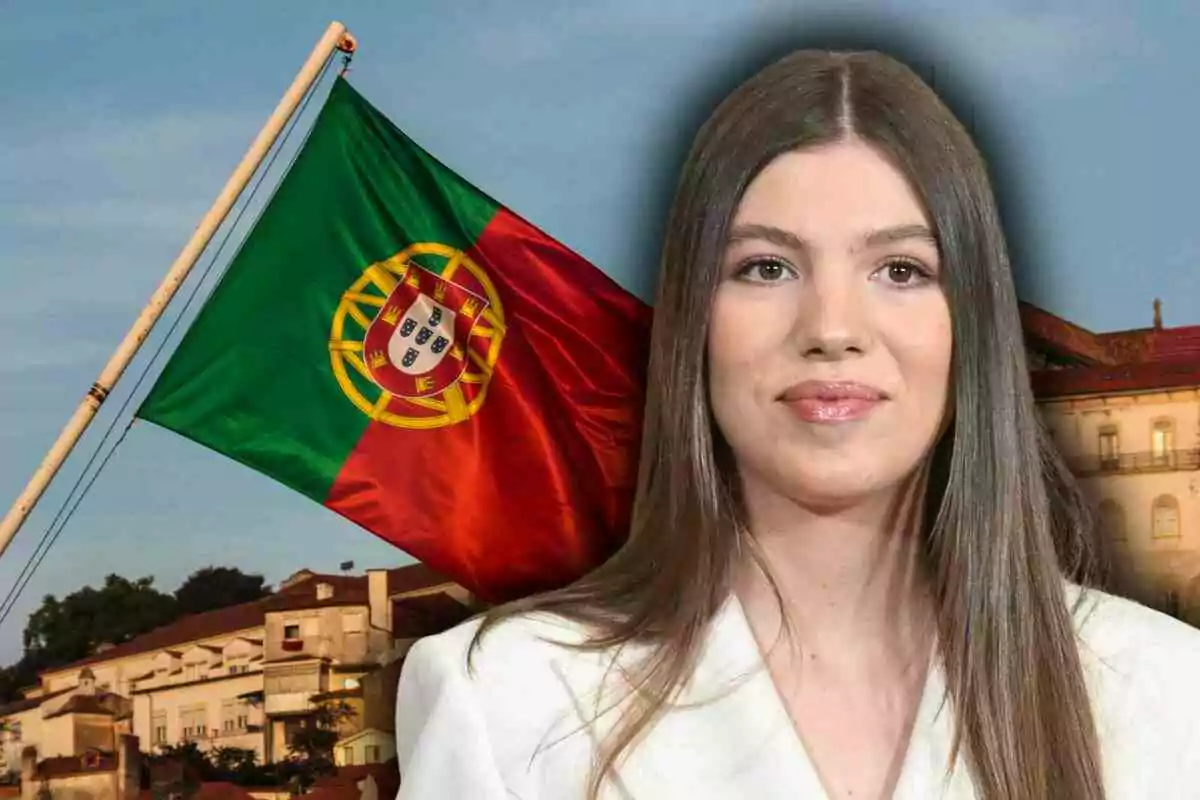 La infanta Sofia de cabell llarg i llis amb una bandera de Portugal onejant al fons i edificis antics darrere. La infanta Sofia de cabell llarg i llis amb una bandera de Portugal onejant al fons i edificis antics darrere.
