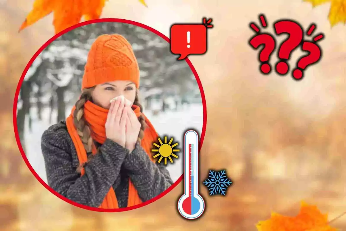 Dona abrigada amb gorra i bufanda taronja es tapa el nas amb les mans en un entorn nevat al costat d’icones de termòmetre, sol, floc de neu, signe d’exclamació i grans signes d’interrogació.