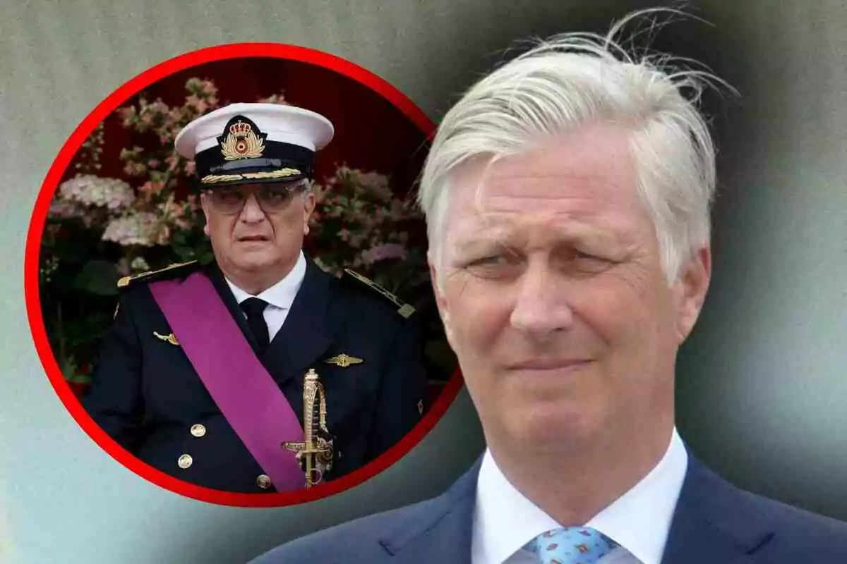 Felipe de Bélgica con expresión seria y en el fondo un recuadro rojo muestra a Lorenzo de Bélgica con uniforme militar y banda púrpura