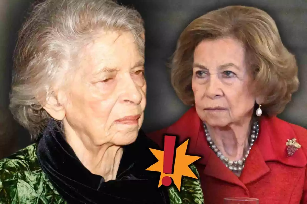 La reina Sofia i la seva germana Irene de Grècia amb expressions serioses i un símbol d’exclamació groc i vermell al centre La reina Sofia i la seva germana Irene de Grècia amb expressions serioses i un símbol d’exclamació groc i vermell al centre
