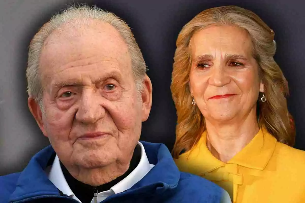 El rei Joan Carles amb jaqueta blava al davant i la infanta Elena amb abric groc al fons sobre un fons fosc