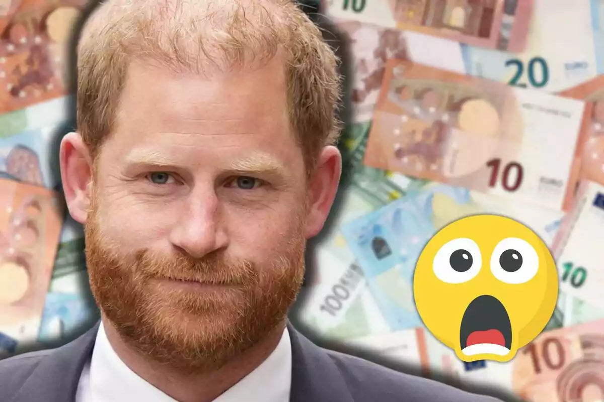 El príncep Harry davant de bitllets d’euro i un emoji de sorpresa El príncep Harry davant de bitllets d’euro i un emoji de sorpresa