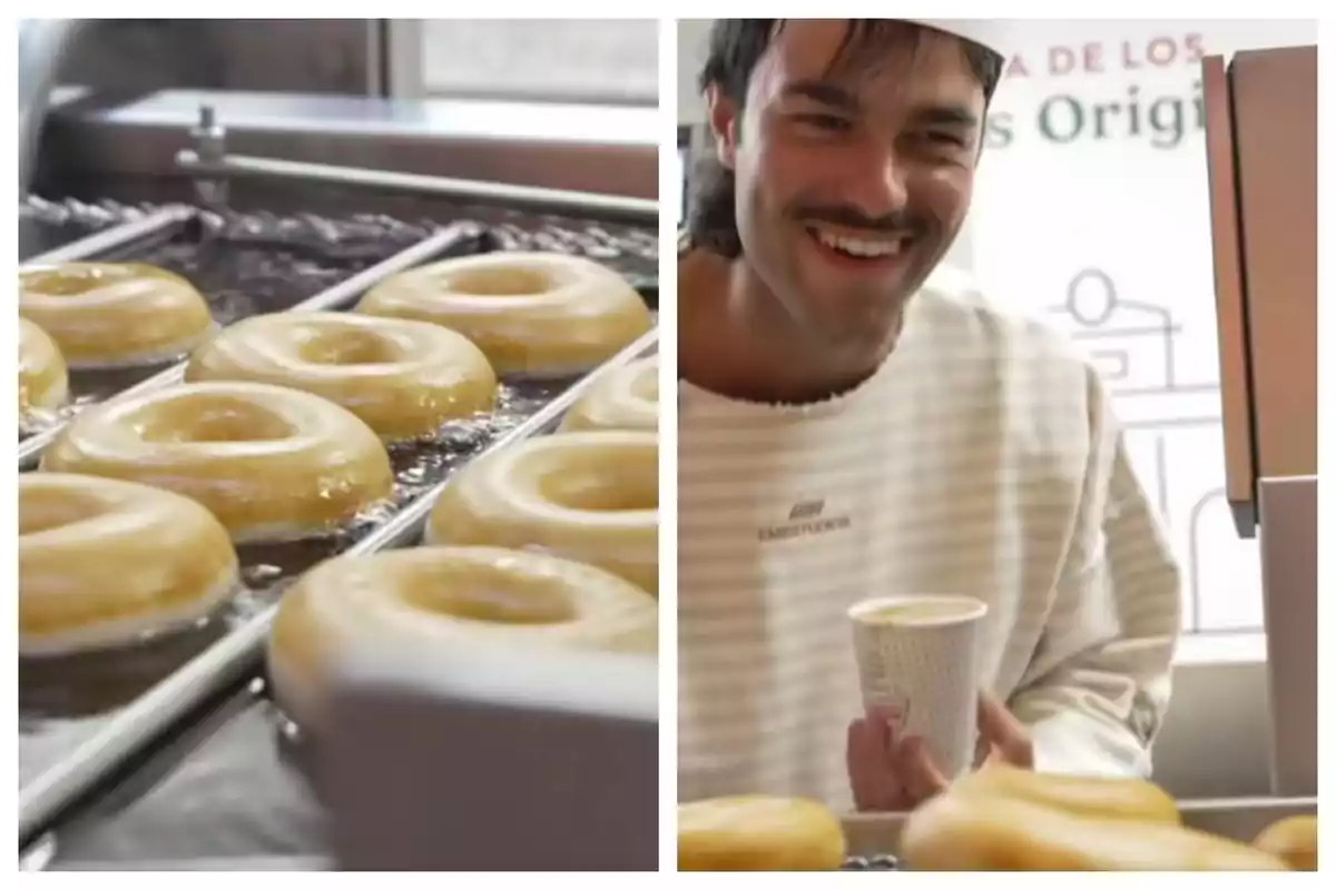 Donuts glaseados en una banda transportadora y un hombre sonriente, que es Peldanyos, sosteniendo un vaso de papel junto a una bandeja de donetes.
