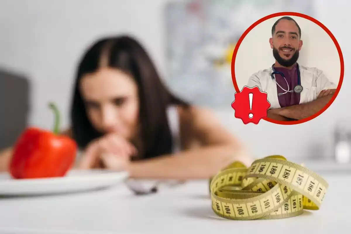 Dona desenfocada observa un pebrot vermell en un plat amb una cinta mètrica groga en primer pla i el doctor Víctor Bravo en un cercle a la cantonada superior dreta