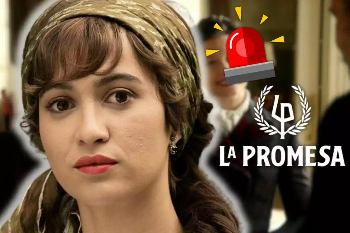 Carmen Asecas amb expressió seriosa i mocador al cap en primer pla, al fons el logotip de La Promesa i una sirena d’alerta vermella dibuixada