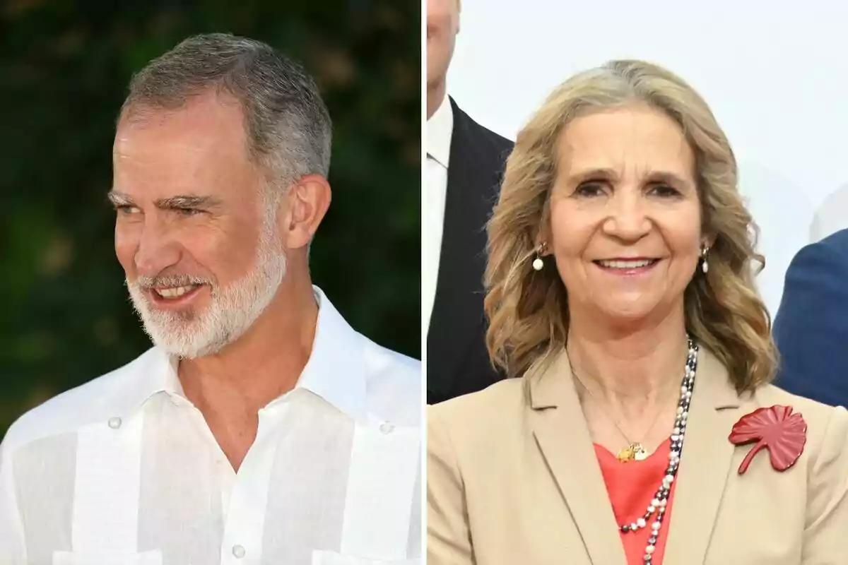 Felip VI somriu amb una camisa blanca mentre la infanta Elena, vestida amb jaqueta beix i brusa vermella, també somriu.