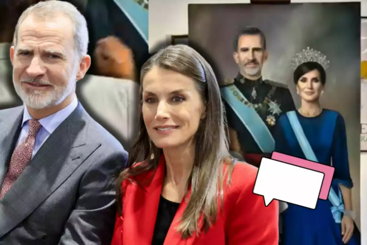 Felipe VI junto a la reina Letizia, ambos vestidos de manera elegante, con un retrato de ellos en el fondo donde aparecen con bandas y vestimenta formal