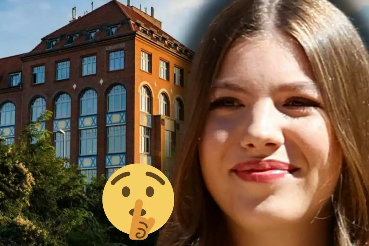 Infanta Sofía smiling in the foreground with a brick building in the background and a silence emoji