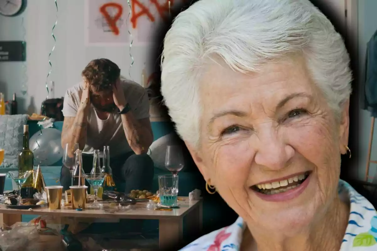 Un home jove amb un gest de cansament està assegut en una sala desordenada després d’una festa mentre una dona gran somriu en primer pla. Un home jove amb un gest de cansament està assegut en una sala desordenada després d’una festa mentre una dona gran somriu en primer pla.