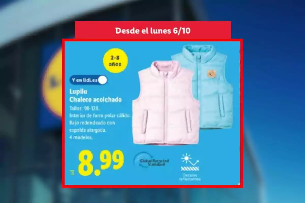 Imatge del catàleg de Lidl en què apareixen dues armilles embuatades per a nens de 2 a 8 anys en colors rosa i blau a 8,99 euros disponibles a Lidl a partir de dilluns 6 d’octubre. Imatge del catàleg de Lidl en què apareixen dues armilles embuatades per a nens de 2 a 8 anys en colors rosa i blau a 8,99 euros disponibles a Lidl a partir de dilluns 6 d’octubre.
