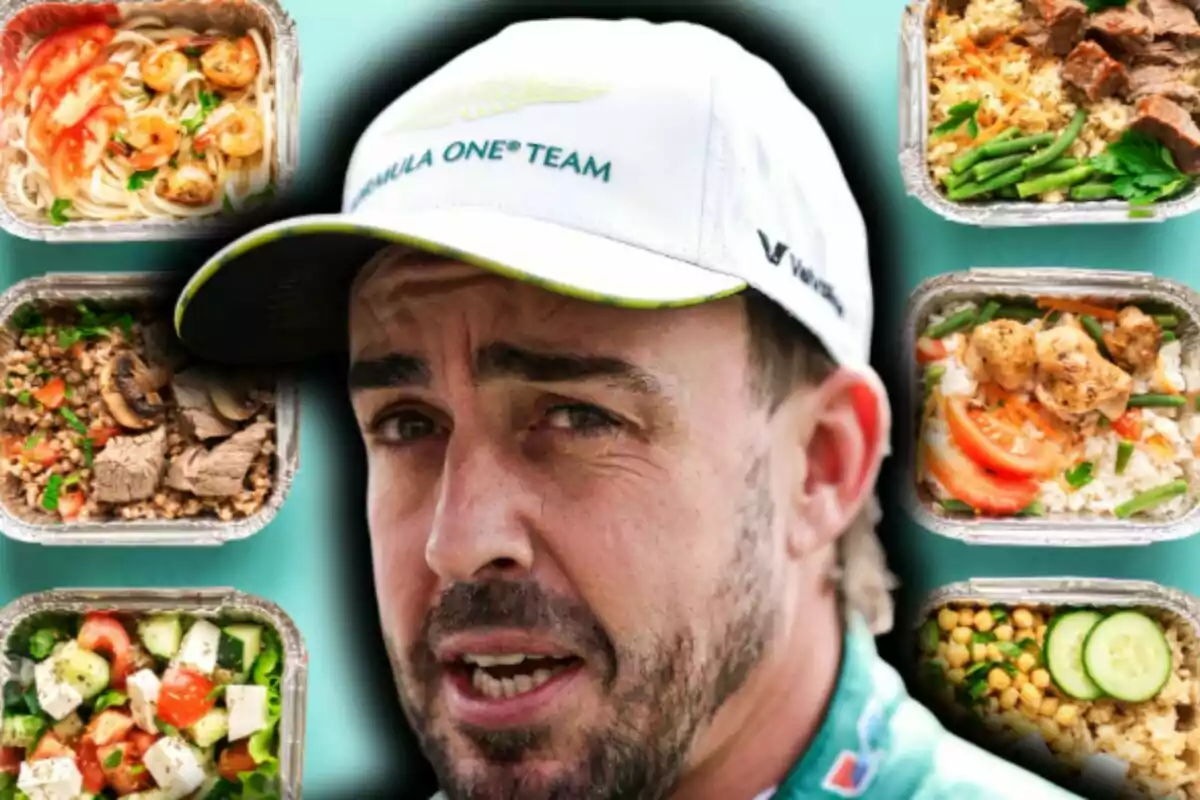 Primer plano de Fernando Alonso con gorra blanca y uniforme verde aparece en primer plano, rodeado de varios recipientes con diferentes comidas saludables como ensaladas, arroz, vegetales y carne. Primer plano de Fernando Alonso con gorra blanca y uniforme verde aparece en primer plano, rodeado de varios recipientes con diferentes comidas saludables como ensaladas, arroz, vegetales y carne.