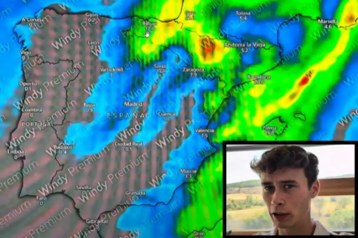 Mapa meteorològic de precipitacions sobre Espanya i Portugal per al proper dimarts, 9 de setembre de 2025, amb una persona jove a la cantonada inferior dreta mostrant una expressió de sorpresa, que és en Jorge Rey.