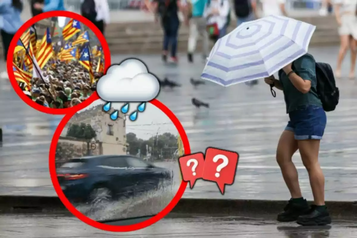 Una persona camina bajo la lluvia con un paraguas mientras en la imagen aparecen círculos con una manifestación de banderas, un coche bajo la lluvia y símbolos de interrogación. Una persona camina bajo la lluvia con un paraguas mientras en la imagen aparecen círculos con una manifestación de banderas, un coche bajo la lluvia y símbolos de interrogación.