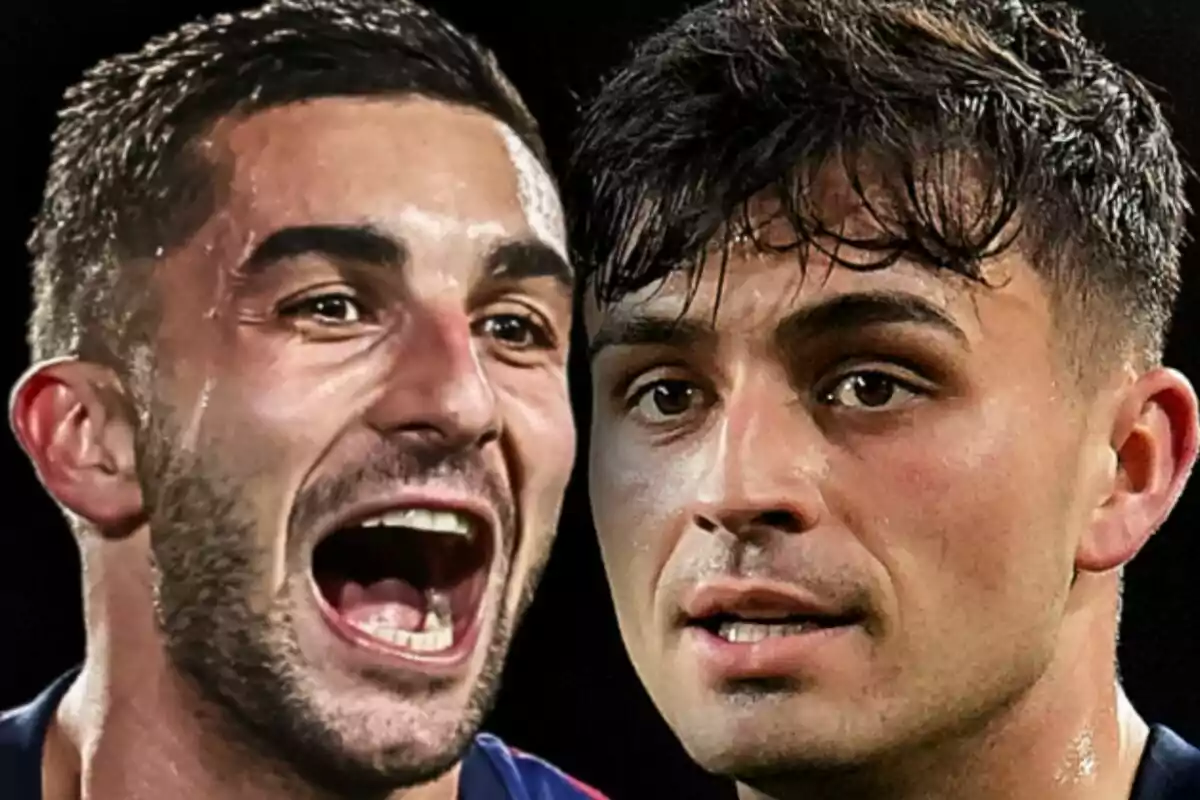 Montaje de fotos de primer plano de Ferran Torres gritando y Pedri con rostro neutro. Montaje de fotos de primer plano de Ferran Torres gritando y Pedri con rostro neutro.