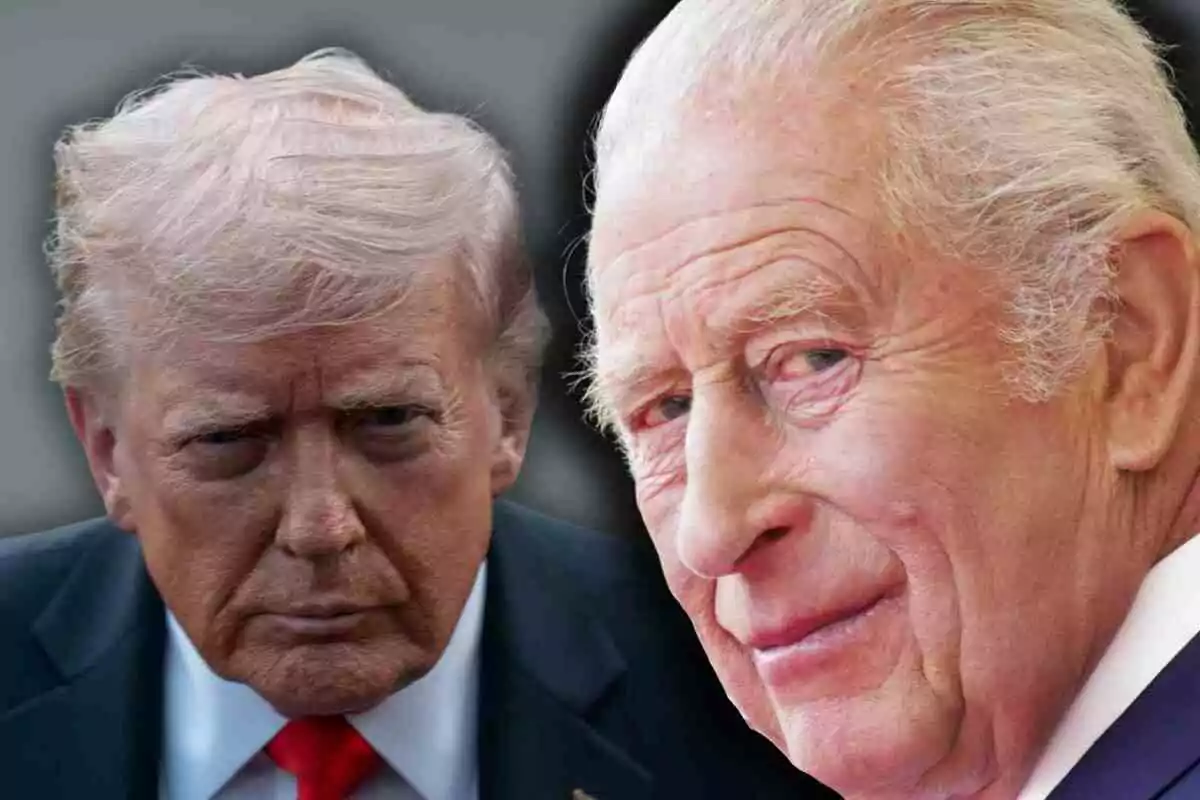 Donald Trump and King Charles III with gray hair appear in the foreground with serious expressions and a blurred background.