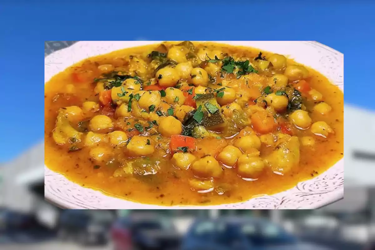 Plat de cigrons guisats amb verdures i julivert picat servit en un plat blanc Plat de cigrons guisats amb verdures i julivert picat servit en un plat blanc