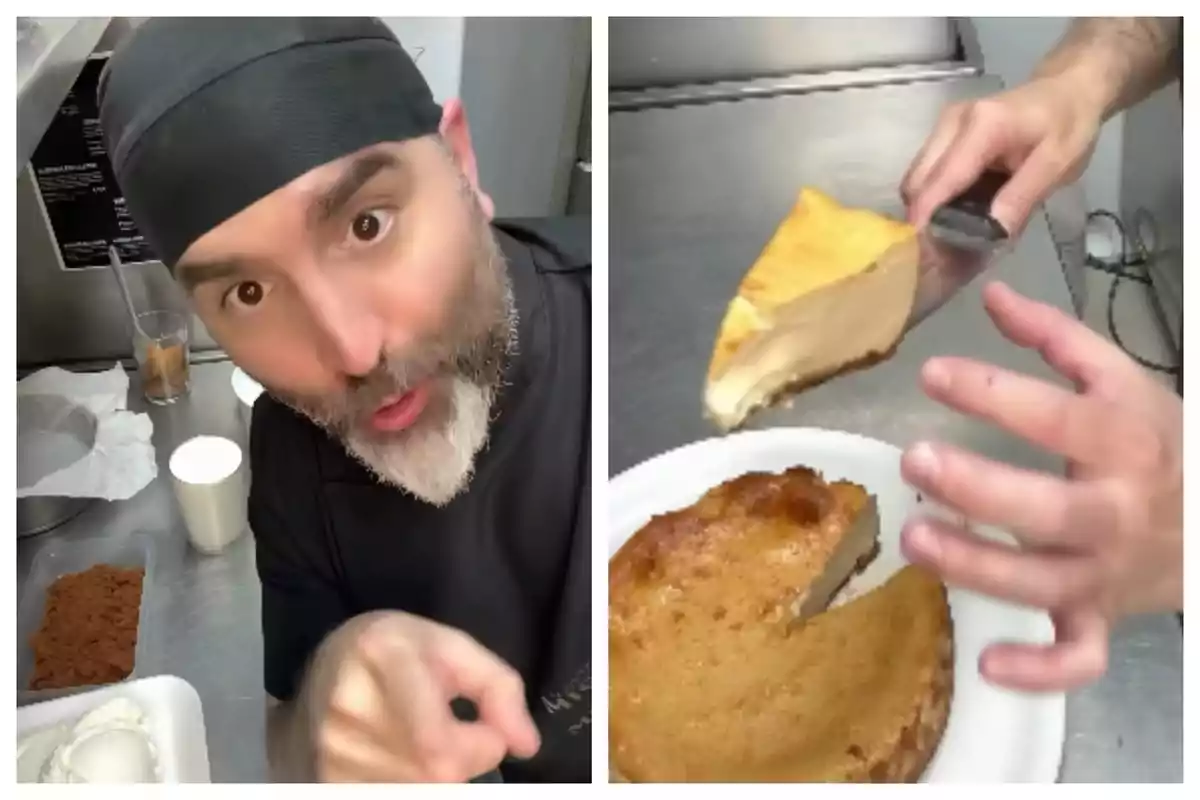 Un xef amb barret negre, que és en Miguel Ángel Cádiz, és a una cuina assenyalant cap a la càmera i al costat es mostra una mà servint una llesca de pastís de formatge en un plat blanc. Un xef amb barret negre, que és en Miguel Ángel Cádiz, és a una cuina assenyalant cap a la càmera i al costat es mostra una mà servint una llesca de pastís de formatge en un plat blanc.